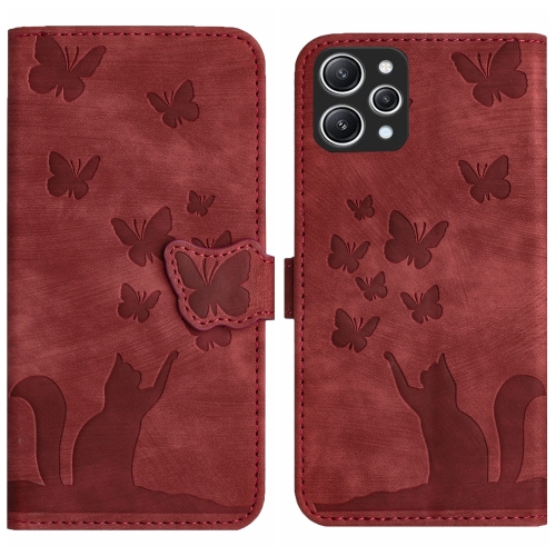 

For Xiaomi Redmi 12 4G Butterfly Cat Embossing Flip Leather Phone Case(Red)