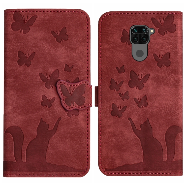 

For Xiaomi Redmi Note 9 Butterfly Cat Embossing Flip Leather Phone Case(Red)
