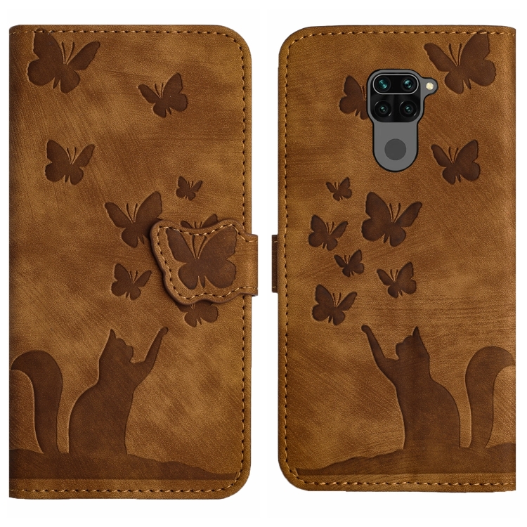 

For Xiaomi Redmi Note 9 Butterfly Cat Embossing Flip Leather Phone Case(Brown)