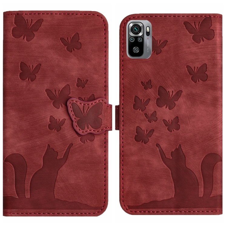 

For Xiaomi Redmi Note 10 / 10S Butterfly Cat Embossing Flip Leather Phone Case(Red)