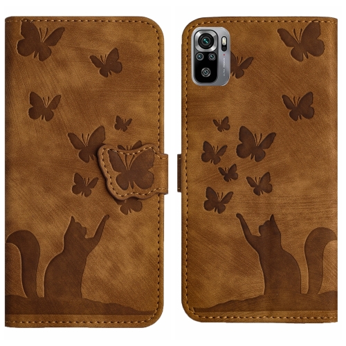 

For Xiaomi Redmi Note 10 / 10S Butterfly Cat Embossing Flip Leather Phone Case(Brown)