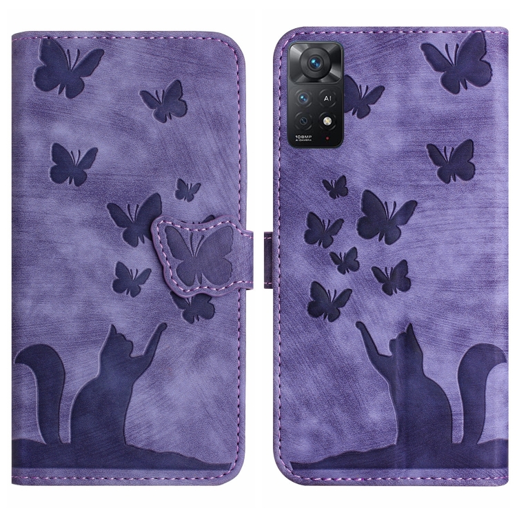

For Xiaomi Redmi Note 11 Pro 4G/5G Global Butterfly Cat Embossing Flip Leather Phone Case(Purple)
