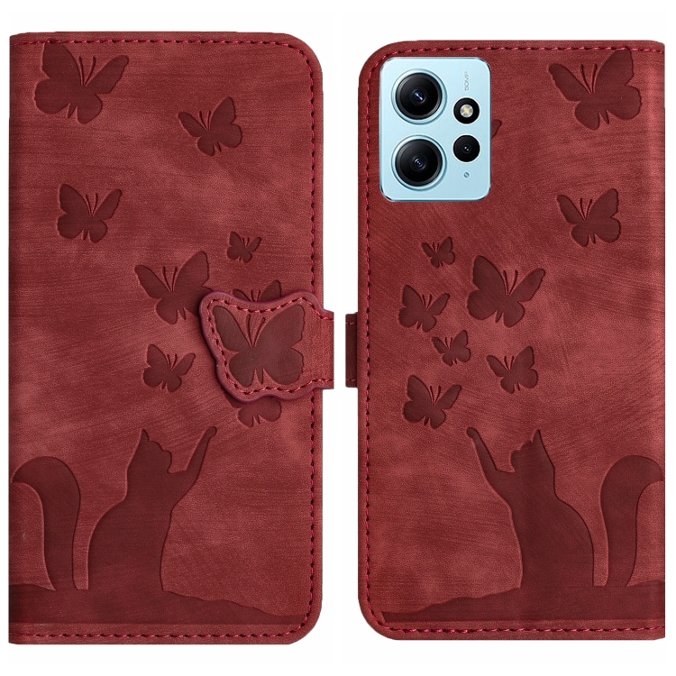 

For Xiaomi Redmi Note 12 4G Global Butterfly Cat Embossing Flip Leather Phone Case(Red)
