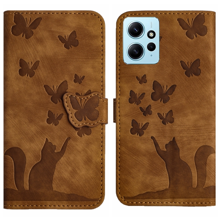 

For Xiaomi Redmi Note 12 4G Global Butterfly Cat Embossing Flip Leather Phone Case(Brown)