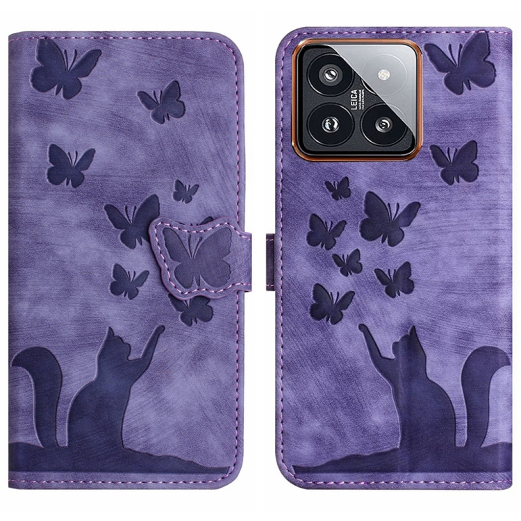 

For Xiaomi 14 Butterfly Cat Embossing Flip Leather Phone Case(Purple)