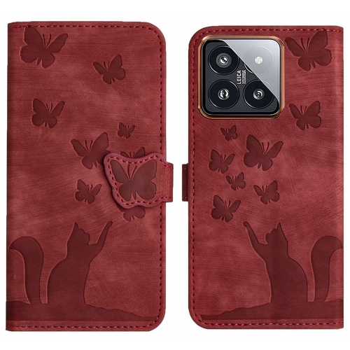 

For Xiaomi 14 Butterfly Cat Embossing Flip Leather Phone Case(Red)