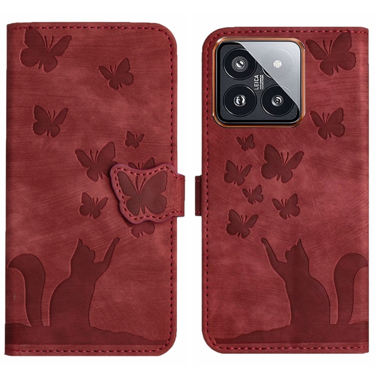 

For Xiaomi 14 Pro Butterfly Cat Embossing Flip Leather Phone Case(Red)