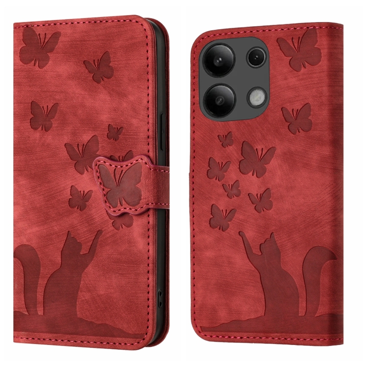 

For Xiaomi Redmi Note 13 4G Butterfly Cat Embossing Flip Leather Phone Case(Red)