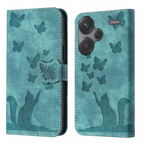 

For Xiaomi Redmi Note 13 Pro+ 5G Butterfly Cat Embossing Flip Leather Phone Case(Wathet)