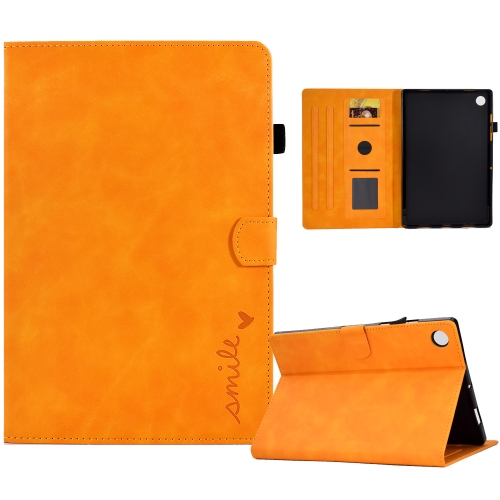 For Samsung Galaxy Tab A9 Embossed Smile Flip Smart Leather Tablet Case(Khaki) for vivo s18 denim texture flip leather phone case khaki