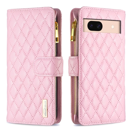 For Google Pixel 8a Diamond Lattice Zipper Wallet Leather Flip Phone Case(Pink)