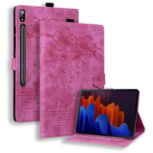 

For Samsung Galaxy Tab S9 Ultra /S8 Ultra Cartoon Sakura Cat Embossed Leather Tablet Case(Rose Red)