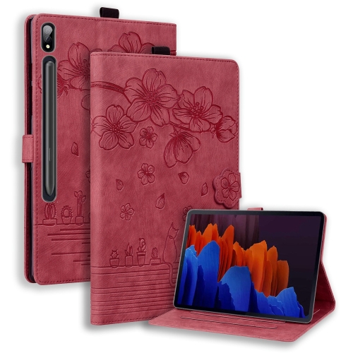 

For Samsung Galaxy Tab S9 Ultra /S8 Ultra Cartoon Sakura Cat Embossed Leather Tablet Case(Red)