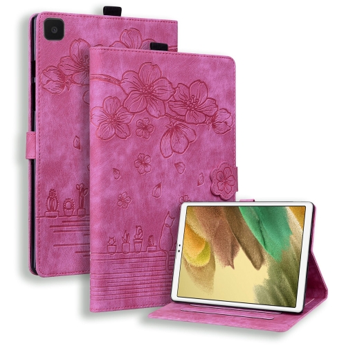 

For Samsung Galaxy Tab A7 Lite Cartoon Sakura Cat Embossed Leather Tablet Case(Rose Red)