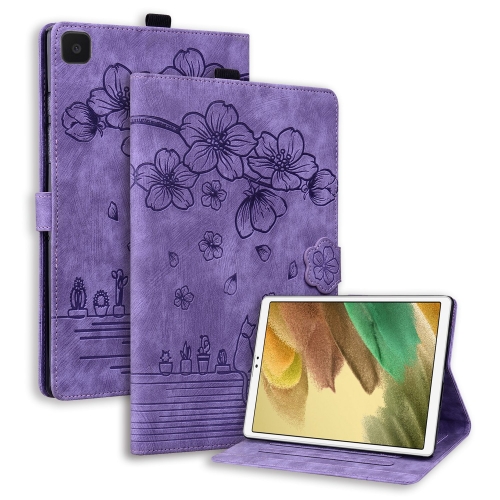 

For Samsung Galaxy Tab A7 Lite Cartoon Sakura Cat Embossed Leather Tablet Case(Purple)