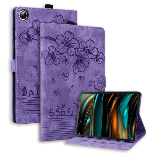 

For Samsung Galaxy Tab A9 Cartoon Sakura Cat Embossed Leather Tablet Case(Purple)