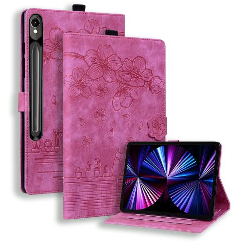 

For Samsung Galaxy Tab S10 FE+ Cartoon Sakura Cat Embossed Leather Tablet Case(Rose Red)