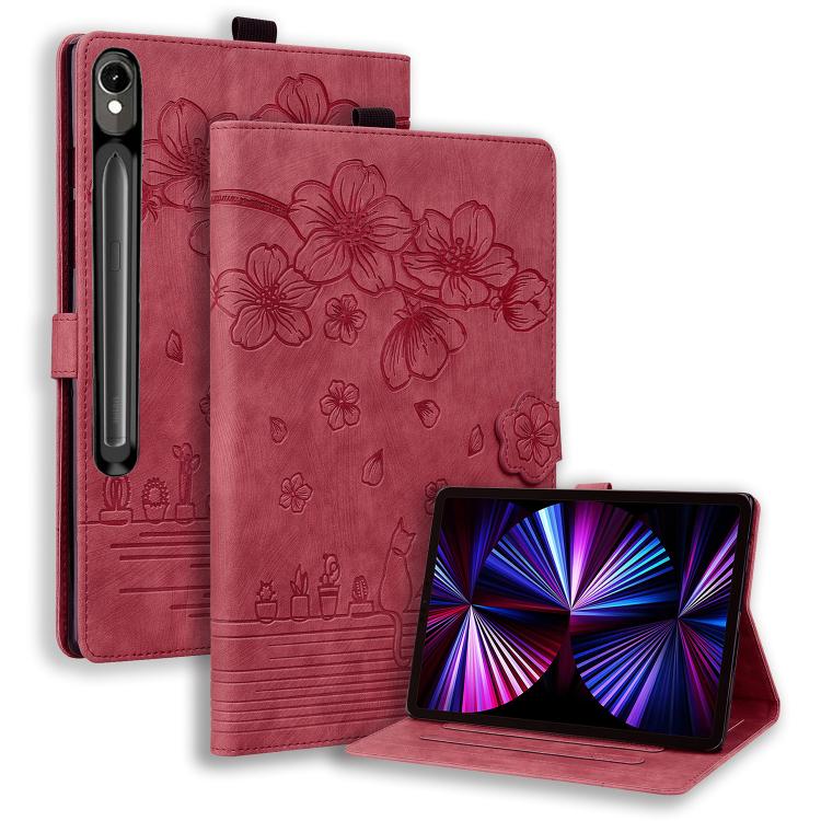 

For Samsung Galaxy Tab S10 FE+ Cartoon Sakura Cat Embossed Leather Tablet Case(Red)