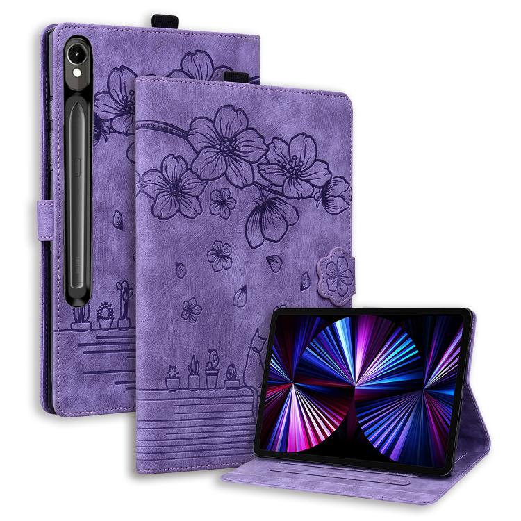 

For Samsung Galaxy Tab S10 FE+ Cartoon Sakura Cat Embossed Leather Tablet Case(Purple)