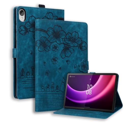 

For Lenovo Tab P11 TB-J606F Cartoon Sakura Cat Embossed Leather Tablet Case(Blue)