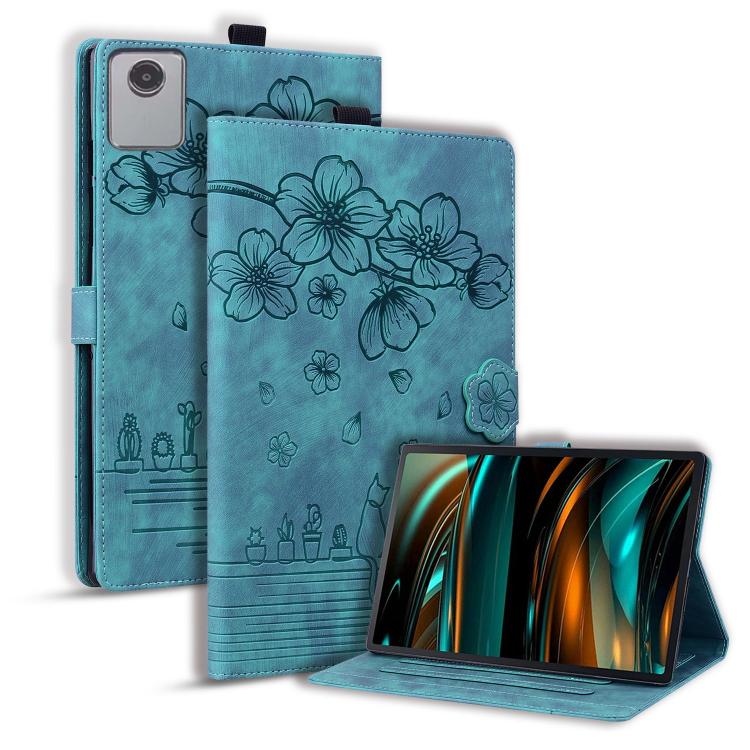 

For Lenovo Xiaoxin Pad 11 2025 Cartoon Sakura Cat Embossed Leather Tablet Case(Green)