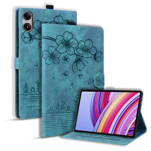 

For Xiaomi Redmi Pad SE 11 2025 Cartoon Sakura Cat Embossed Leather Tablet Case(Green)