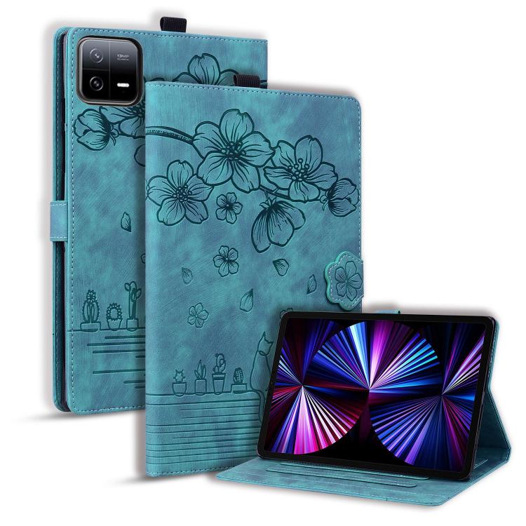

For Xiaomi Pad 8 / 8 Pro / 7 / 7 Pro Cartoon Sakura Cat Embossed Leather Tablet Case(Green)