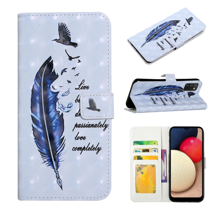 

For Samsung Galaxy A02s 164mm Oil Embossed 3D Drawing Leather Phone Case(Blue Feather)