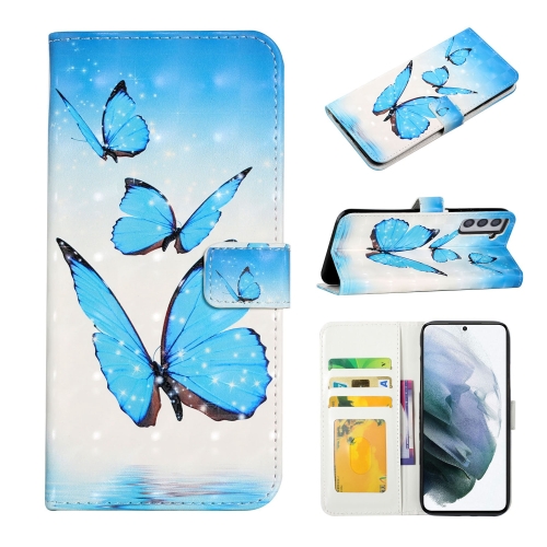 

For Samsung Galaxy S21 5G Oil Embossed 3D Drawing Leather Phone Case(3 Butterflies)
