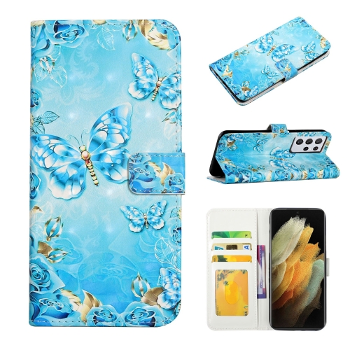 

For Samsung Galaxy S21 Ultra 5G Oil Embossed 3D Drawing Leather Phone Case(Blue Butterflies)
