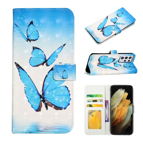 

For Samsung Galaxy S21 Ultra 5G Oil Embossed 3D Drawing Leather Phone Case(3 Butterflies)