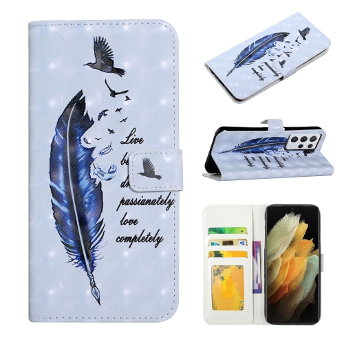 

For Samsung Galaxy S21 Ultra 5G Oil Embossed 3D Drawing Leather Phone Case(Blue Feather)