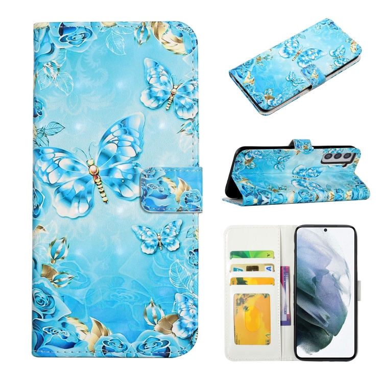 

For Samsung Galaxy S22 5G Oil Embossed 3D Drawing Leather Phone Case(Blue Butterflies)