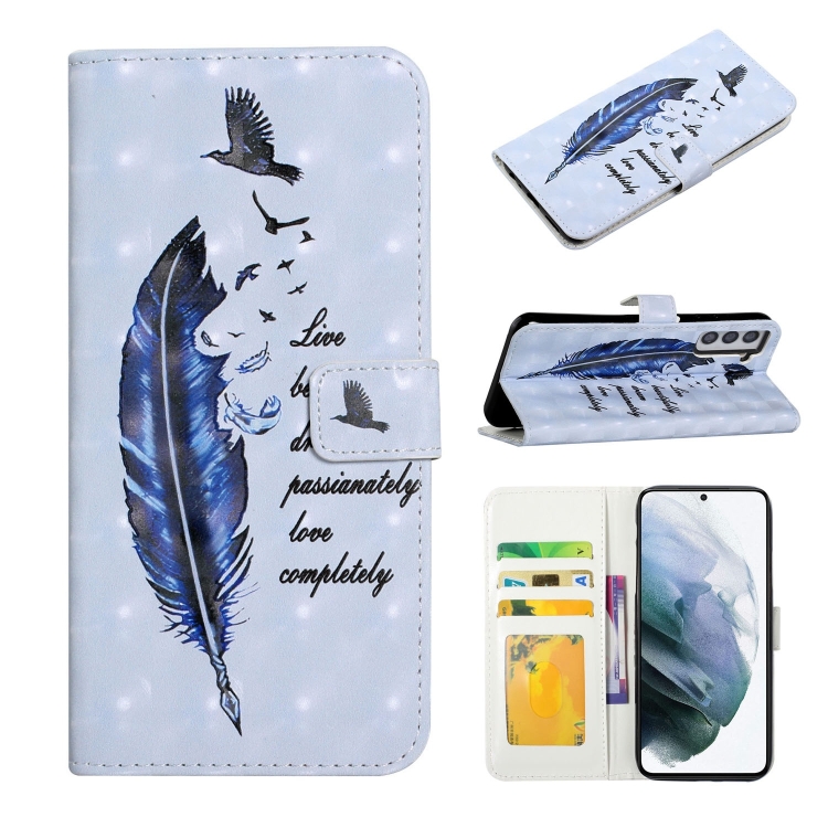 

For Samsung Galaxy S22+ 5G Oil Embossed 3D Drawing Leather Phone Case(Blue Feather)