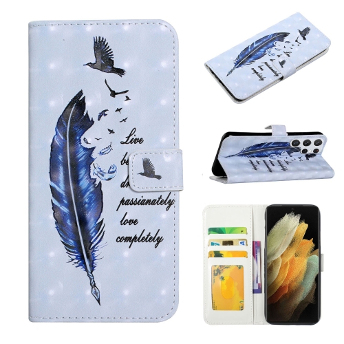 

For Samsung Galaxy S22 Ultra 5G Oil Embossed 3D Drawing Leather Phone Case(Blue Feather)