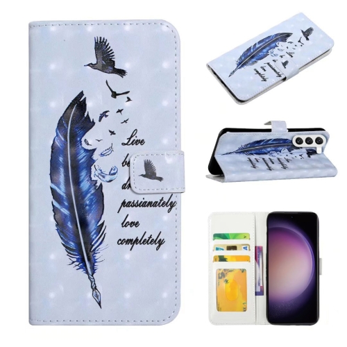 

For Samsung Galaxy S23 5G Oil Embossed 3D Drawing Leather Phone Case(Blue Feather)