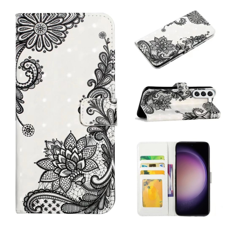 

For Samsung Galaxy S23+ 5G Oil Embossed 3D Drawing Leather Phone Case(Lace Flower)