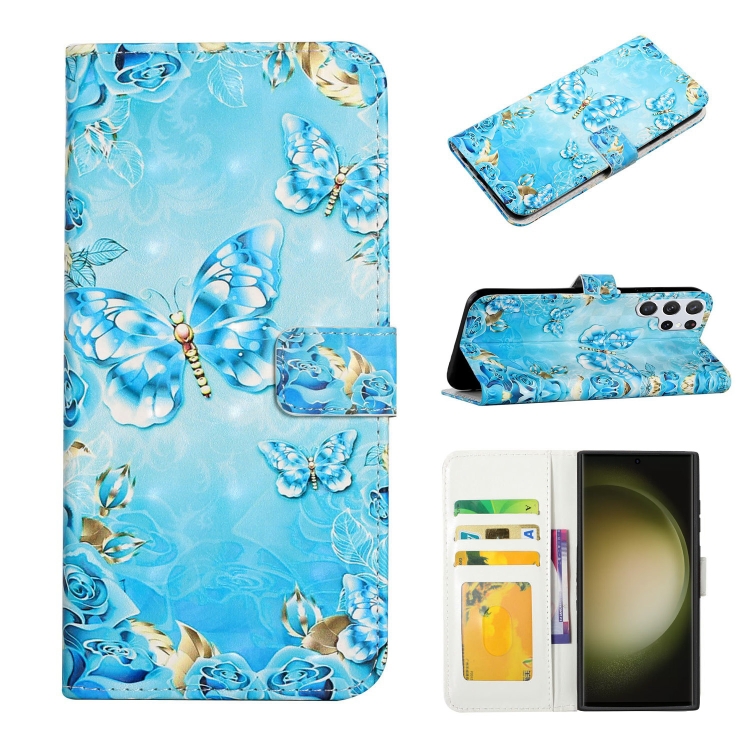 

For Samsung Galaxy S23 Ultra 5G Oil Embossed 3D Drawing Leather Phone Case(Blue Butterflies)