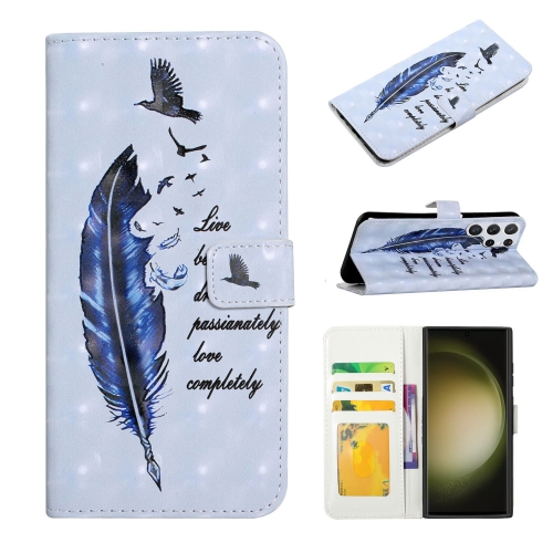 

For Samsung Galaxy S23 Ultra 5G Oil Embossed 3D Drawing Leather Phone Case(Blue Feather)