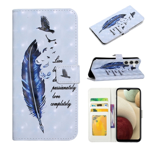 

For Samsung Galaxy A05s Oil Embossed 3D Drawing Leather Phone Case(Blue Feather)