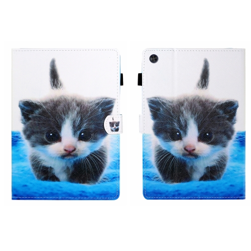 

For Samsung Galaxy Tab A9 Coloured Drawing Stitching Flip PU Tablet Case with Sleep / Wake-up Function(Blue White Cat)