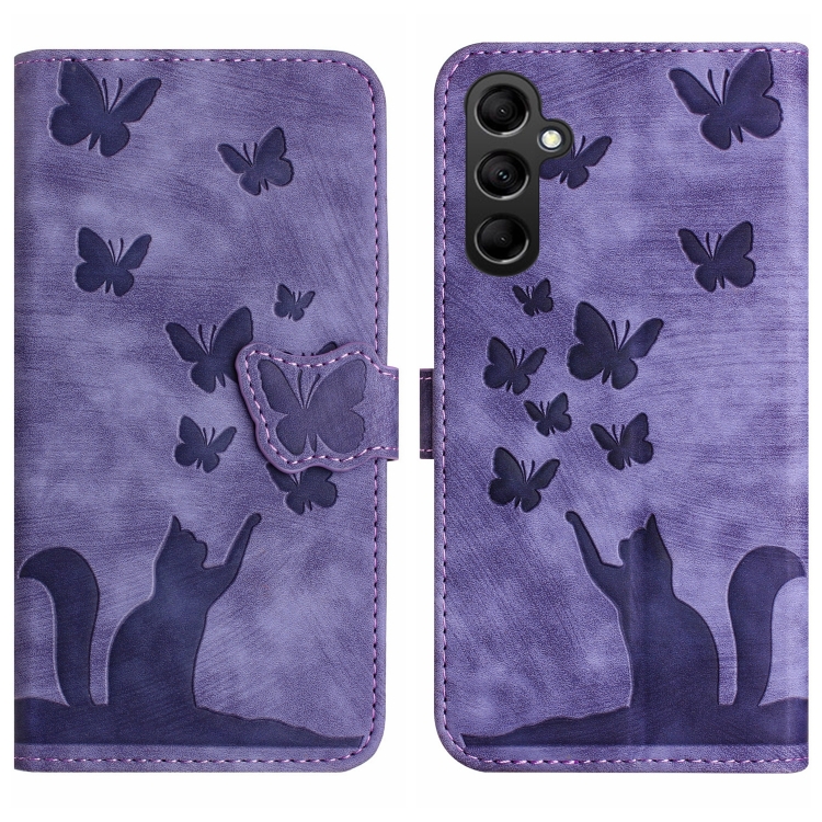 

For Samsung Galaxy A15 Butterfly Cat Embossing Flip Leather Phone Case(Purple)