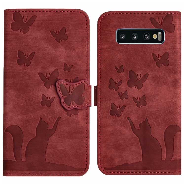 

For Samsung Galaxy S10+ Butterfly Cat Embossing Flip Leather Phone Case(Red)