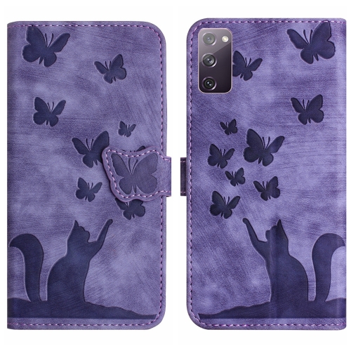 

For Samsung Galaxy S20 FE Butterfly Cat Embossing Flip Leather Phone Case(Purple)