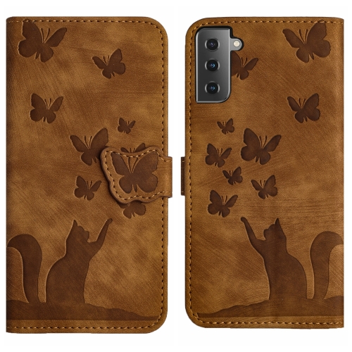 

For Samsung Galaxy S21 5G Butterfly Cat Embossing Flip Leather Phone Case(Brown)