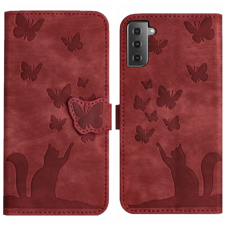 

For Samsung Galaxy S21+ 5G Butterfly Cat Embossing Flip Leather Phone Case(Red)
