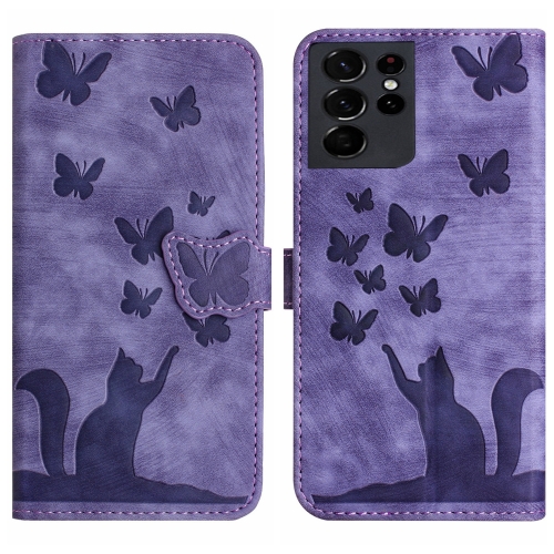 

For Samsung Galaxy S21 Ultra 5G Butterfly Cat Embossing Flip Leather Phone Case(Purple)