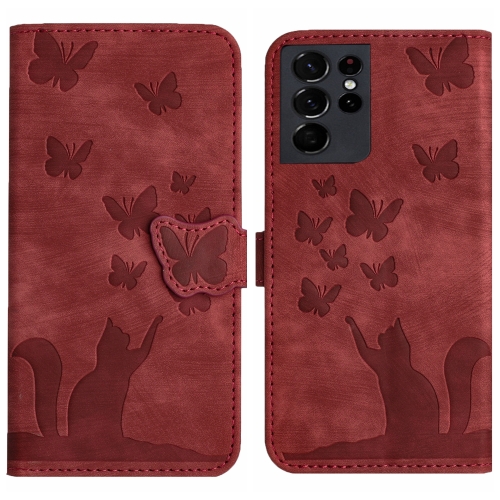 

For Samsung Galaxy S21 Ultra 5G Butterfly Cat Embossing Flip Leather Phone Case(Red)