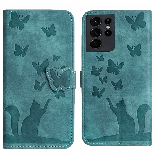 

For Samsung Galaxy S21 Ultra 5G Butterfly Cat Embossing Flip Leather Phone Case(Wathet)