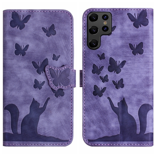 

For Samsung Galaxy S22 Ultra 5G Butterfly Cat Embossing Flip Leather Phone Case(Purple)